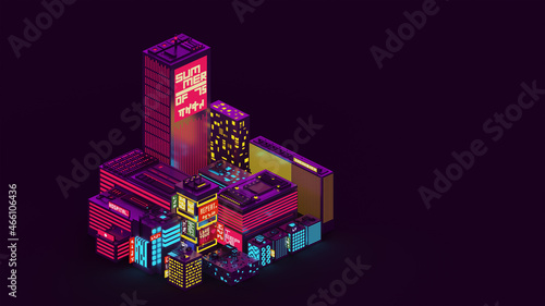 3d voxel night cityscape background. Pixel art cyberpunk style city illustration. neon lights and dark theme city. voxel structure