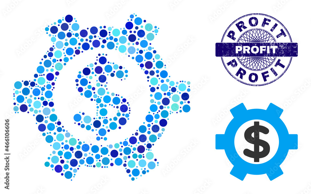 Round dot collage financial settings icon and PROFIT round dirty seal. Blue seal includes PROFIT caption inside circle and guilloche pattern. Vector collage is based on financial settings symbol, Round dot collage financial settings icon and PROFIT round dirty seal. Blue seal includes PROFIT caption inside circle and guilloche pattern. Vector collage is based on financial settings symbol,