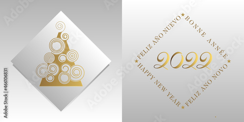 2022- carte de vœux blanche et or avec un graphisme de sapin et de typographie, créatif et moderne - texte  français, anglais, espagnol, et portugais - traduction : bonne année.
