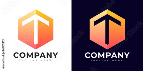 Modern gradient style letter t logo template. T letter design vector with colorful creative hexagon sign.