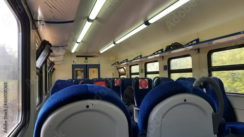 High-speed passenger train Lastochka of Russian Railways. The interior of the carriage while driving. Moscow region, Russia