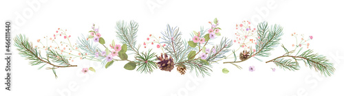 Horizontal border with pine branches, cones, spring blossom. Needles on white background, hand digital draw, watercolor style, decorative botanical illustration for design, Christmas tree, vector