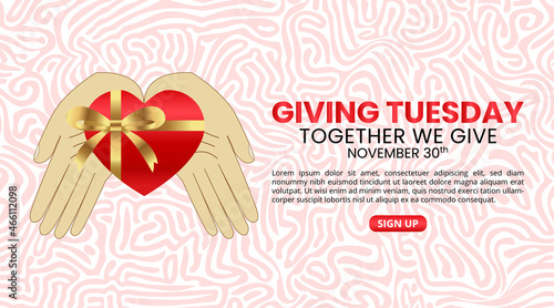 Giving Tuesday background design with hands giving a gift illustration and abstract turing pattern illustration