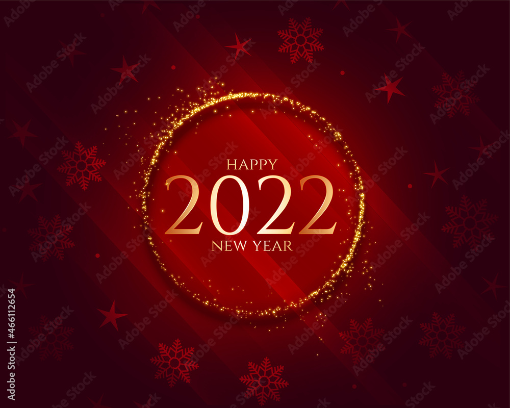 2022 happy new year red sparkling banner with snow flakes