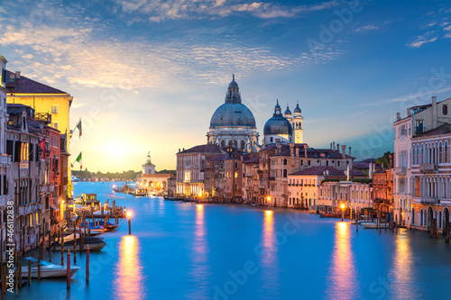 View of the Santa Maria della Salute dome in the Grand Canal at sunrise, Venice, Italy © AlexAnton