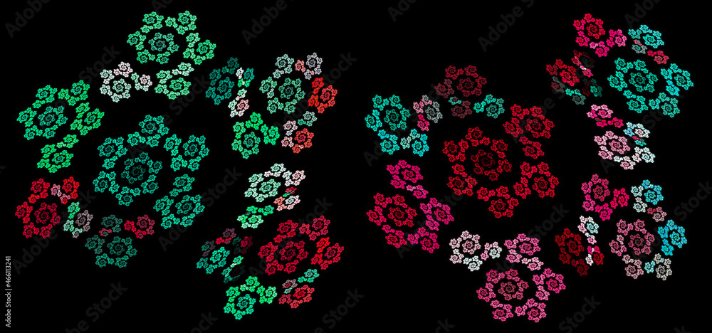 Colorful green and red spirals are arranged in a spiral and create an ornament against a black background. Two abstract fractal backgrounds in one. 3d rendering. 3d illustration.