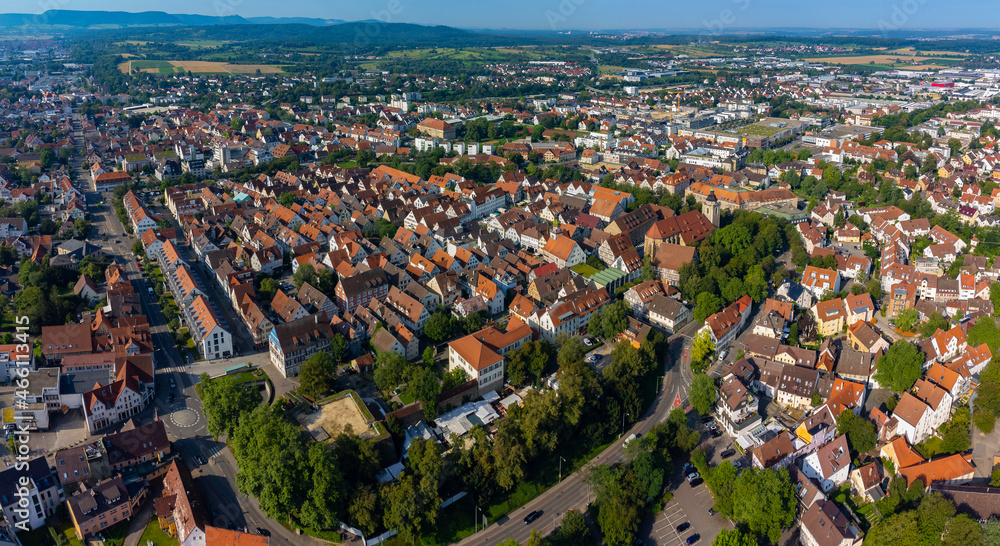 Aerial view of  the city Kirchheim unter teck in Germany, Baden-Württemberg on a sunny day in summer.