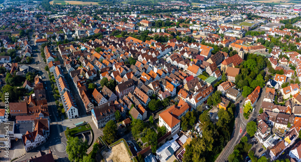 Aerial view of  the city Kirchheim unter teck in Germany, Baden-Württemberg on a sunny day in summer.