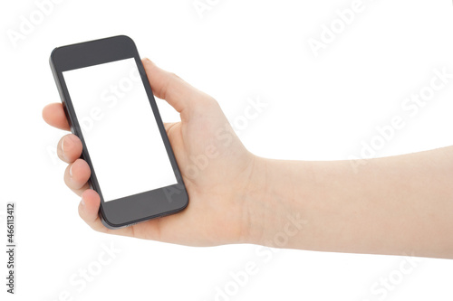 Hand holding blank smartphone vertically 