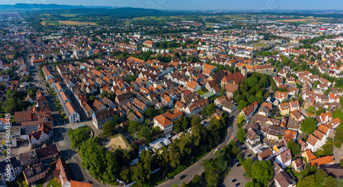Aerial view of the city Kirchheim unter teck in Germany, Baden-Württemberg on a sunny day in summer.