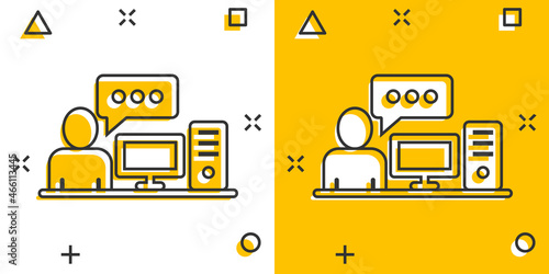 People with laptop computer icon in comic style. Pc user cartoon vector illustration on white isolated background. Office manager splash effect business concept.