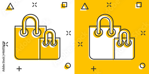 Shopping bag icon in comic style. Handbag cartoon sign vector illustration on white isolated background. Package splash effect business concept.
