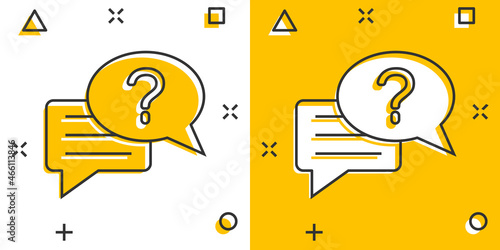 Question mark icon in comic style. Discussion speech bubble cartoon vector illustration on white isolated background. Faq splash effect business concept.