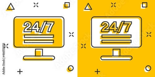 24/7 computer icon in comic style. All day service cartoon vector illustration on white isolated background. Support splash effect business concept.
