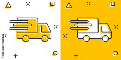 Delivery truck icon in comic style. Van cartoon vector illustration on white isolated background. Cargo car splash effect business concept.