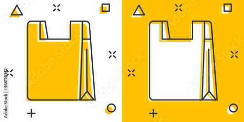 Shopping bag icon in comic style. Handbag cartoon sign vector illustration on white isolated background. Package splash effect business concept.