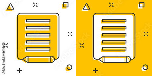 Blogging icon in comic style. Document with pen cartoon vector illustration on white isolated background. Content splash effect business concept.