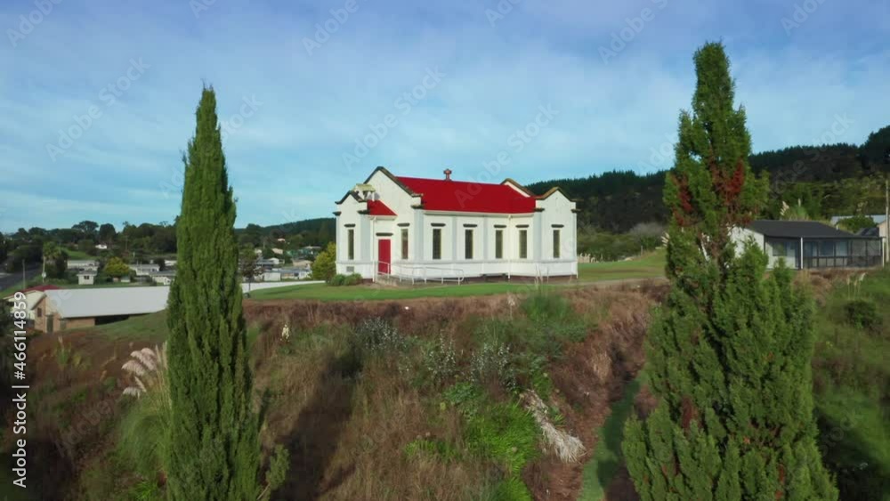 Aerial: Church on a hilltop, Kawhia, Waikato, New Zealand Aerial: Church on a hilltop, Kawhia, Waikato, New Zealand