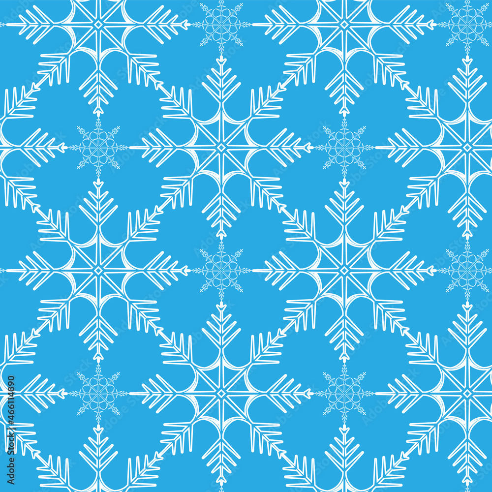 Seamless winter pattern of snowflakes on a blue background.
