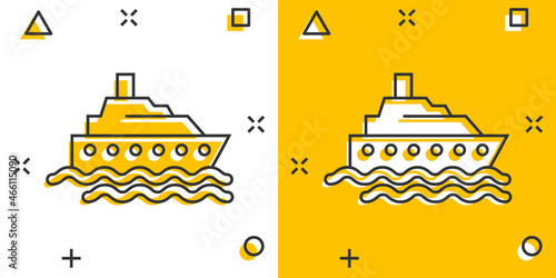 Tourism ship icon in comic style. Fishing boat cartoon vector illustration on white isolated background. Tanker destination splash effect business concept.