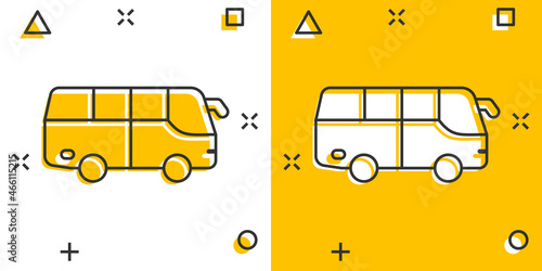 Bus icon in comic style. Coach cartoon vector illustration on white isolated background. Autobus vehicle splash effect business concept.