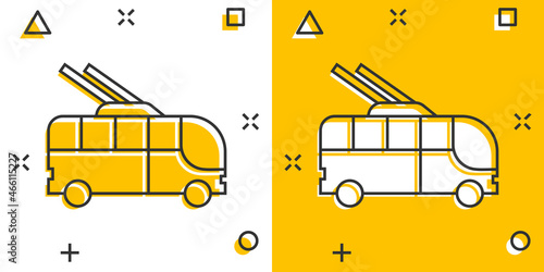 Trolleybus icon in comic style. Trolley bus cartoon vector illustration on white isolated background. Autobus vehicle splash effect business concept.