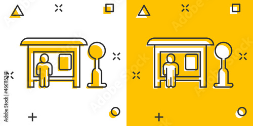 Bus station icon in comic style. Auto stop cartoon vector illustration on white isolated background. Autobus vehicle splash effect business concept.