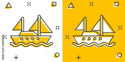 Tourism ship icon in comic style. Fishing boat cartoon vector illustration on white isolated background. Tanker destination splash effect business concept.