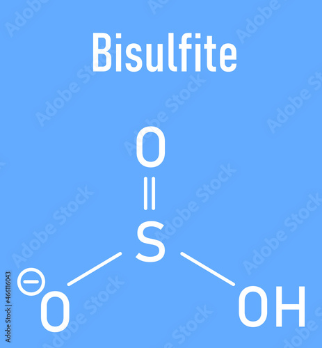 Skeletal formula of Bisulfite anion, chemical structure. Common salts include sodium bisulfite (E222) and potassium bisulfite (E228), used as food preservatives.
