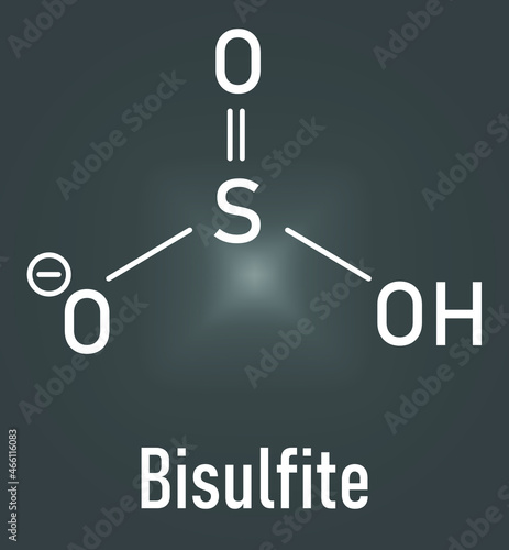 Skeletal formula of Bisulfite anion, chemical structure. Common salts include sodium bisulfite (E222) and potassium bisulfite (E228), used as food preservatives.