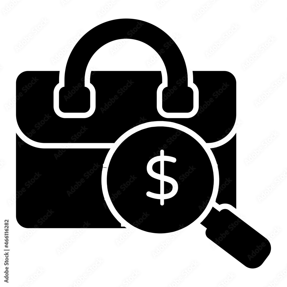 Dollar on magnifying glass, icon of financial search Dollar on magnifying glass, icon of financial search