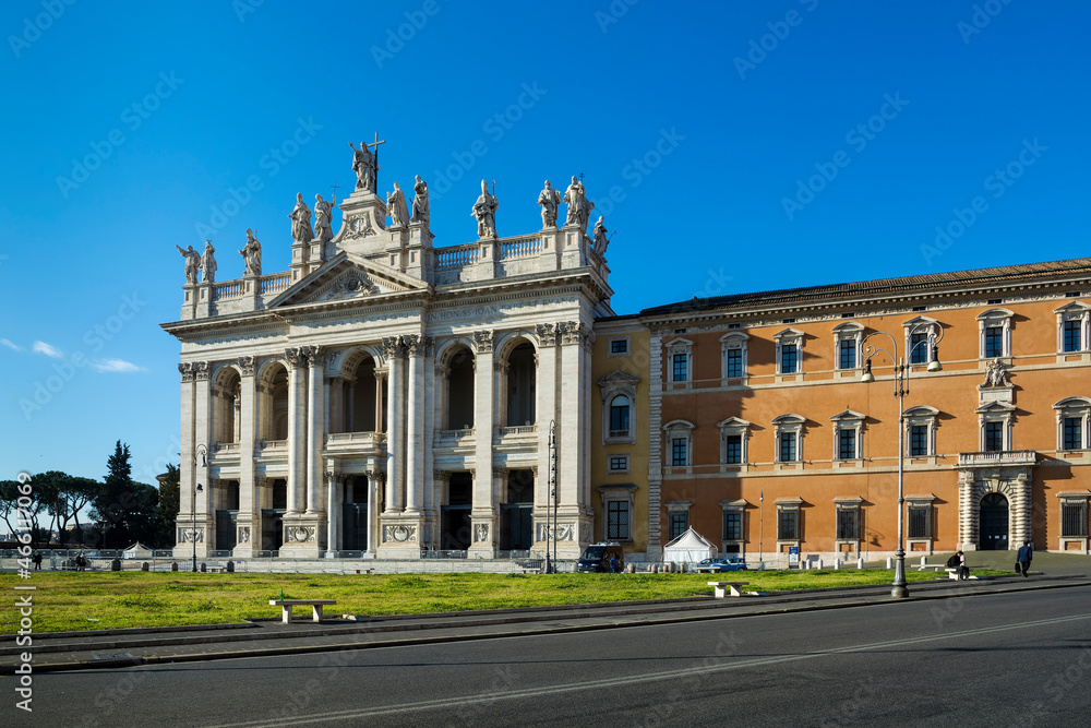 The Papal Archbasilica of St. John in Lateran (Basilica di San Giovanni in Laterano) in a sunny day, Italy, Rome