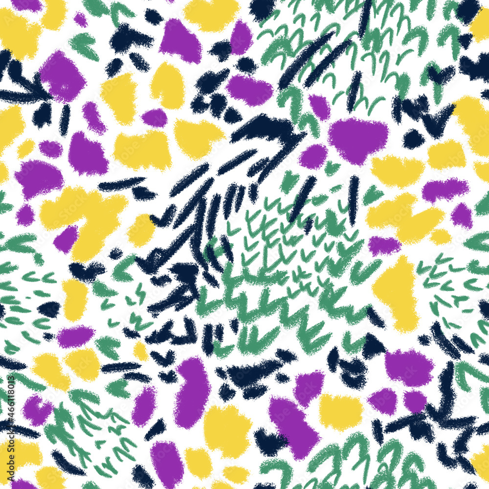 Seamless pattern in the style of the 80s floral abstraction multicolored spots