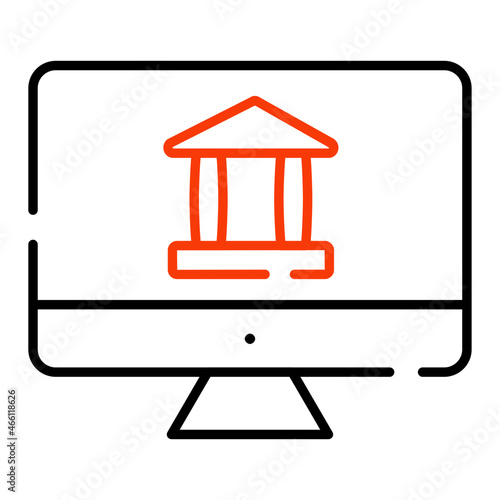 Bank building inside monitor, icon of online banking