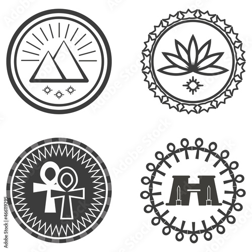Set of ancient Egypt logos with temple, pyramids, lotus, ankh. Egyptian history icons