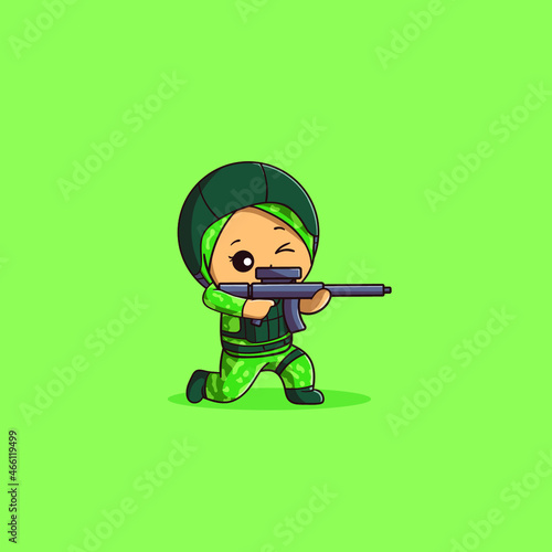 cute illustration of Muslim female soldier posing aiming at opponent