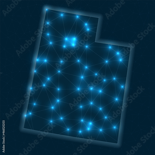 Utah network map. Abstract geometric map of the us state. Digital connections and telecommunication design. Glowing internet network. Appealing vector illustration.