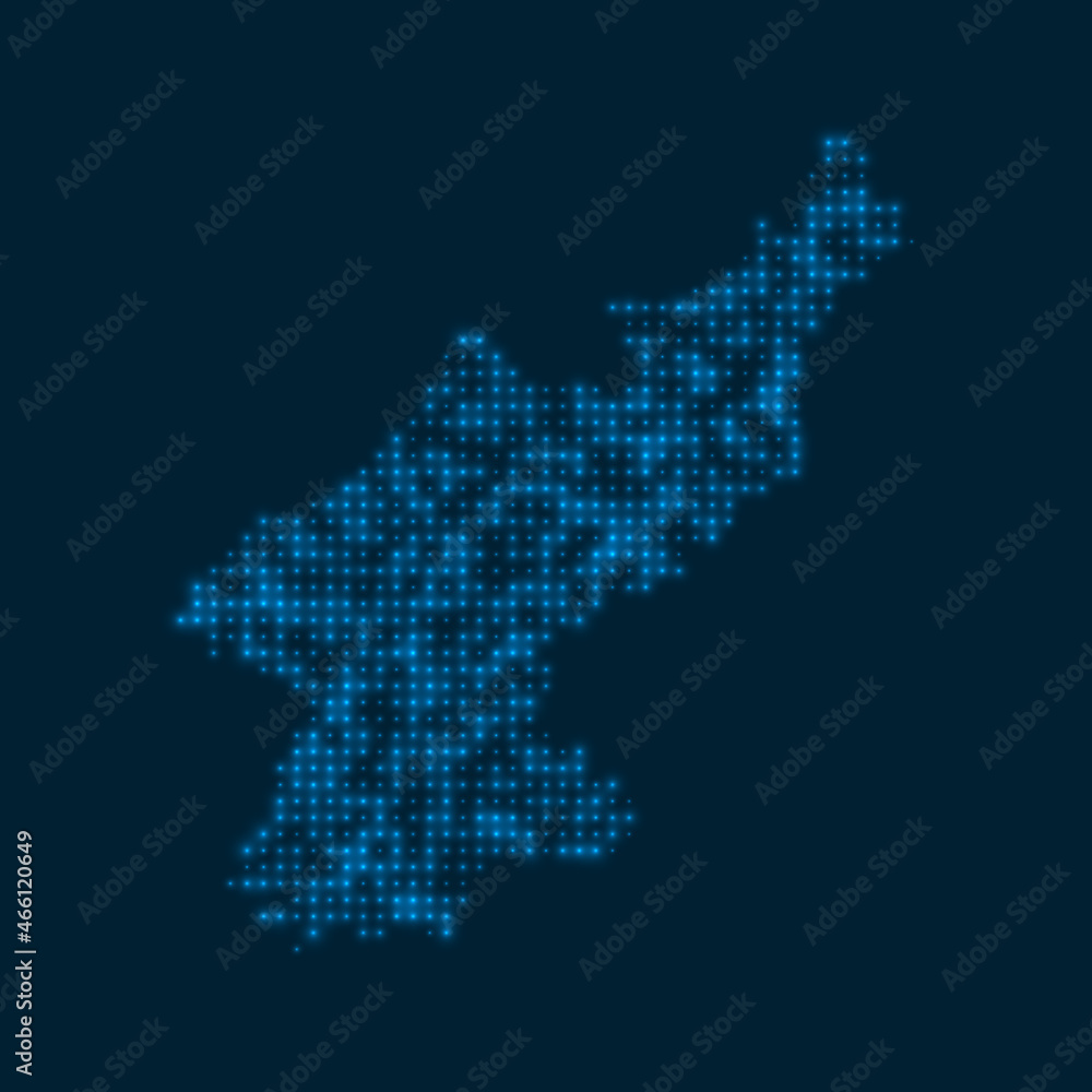 Fototapeta premium North Korea dotted glowing map. Shape of the country with blue bright bulbs. Vector illustration.