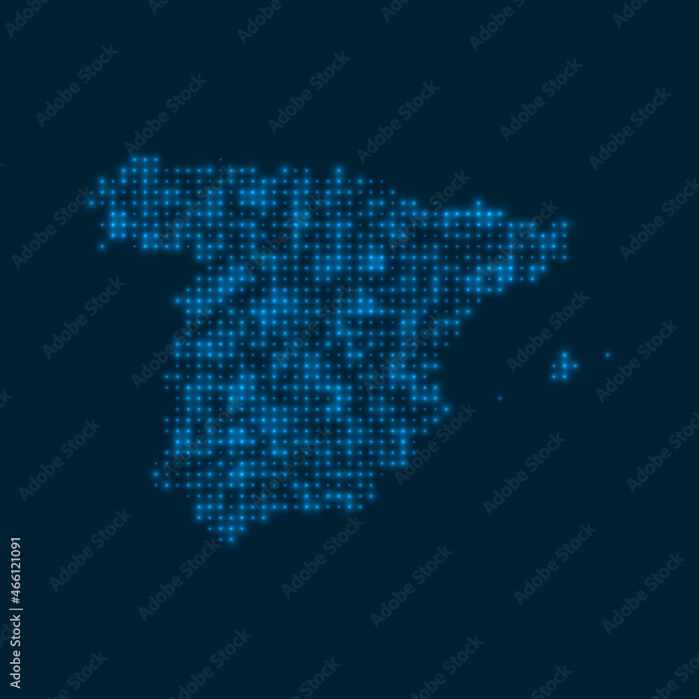 Spain dotted glowing map. Shape of the country with blue bright bulbs. Vector illustration.