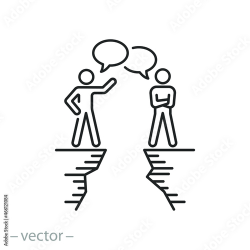 communication gap icon, business miscommunication, team crisis or conflict, negotiation people, speech message, thin line symbol on white background - editable stroke vector illustration