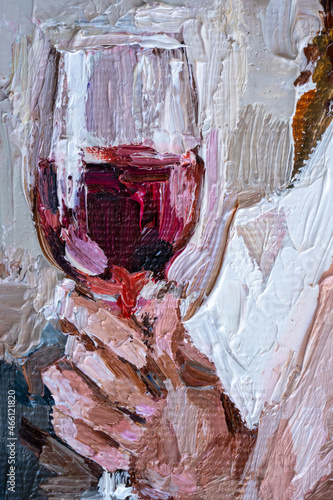 Fototapeta Naklejka Na Ścianę i Meble -  A young girl wrapped in a sheet drinks red wine in a glass. Oil painting on canvas.