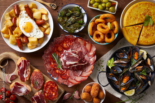 Typical dishes of Spanish food seen from above
