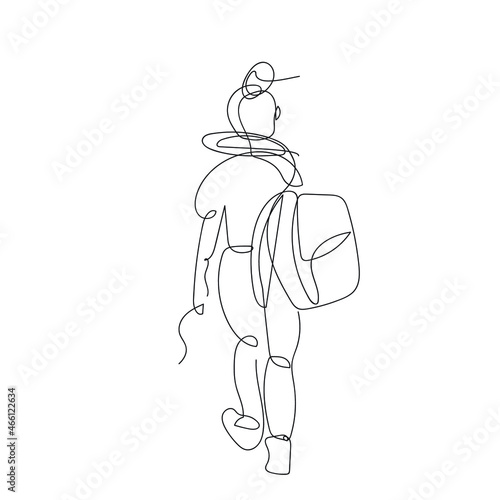 A Single girl with a backpack is walking. Alone woman in a jorney. Traveler, backpacker. Vector single line drawing. Black and white illustration. Vagabond