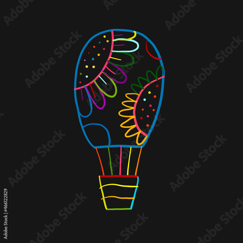 Hot Air Balloon Colorful Outline isolated on black. Sketch for your design