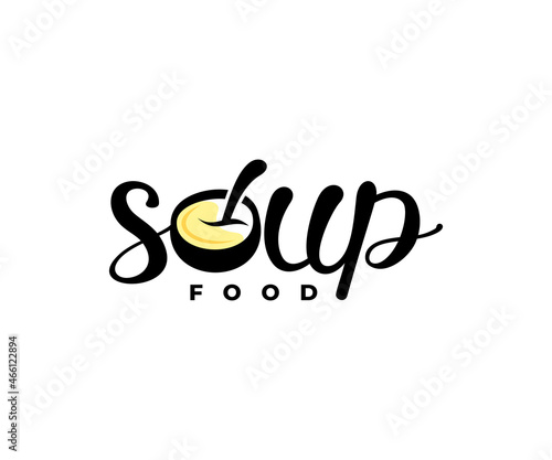 Soup, bowl with spoon, ramen soup, wordmark, lettering and typography, logo design. Food, meal, restaurant, catering and canteen, vector design and illustration