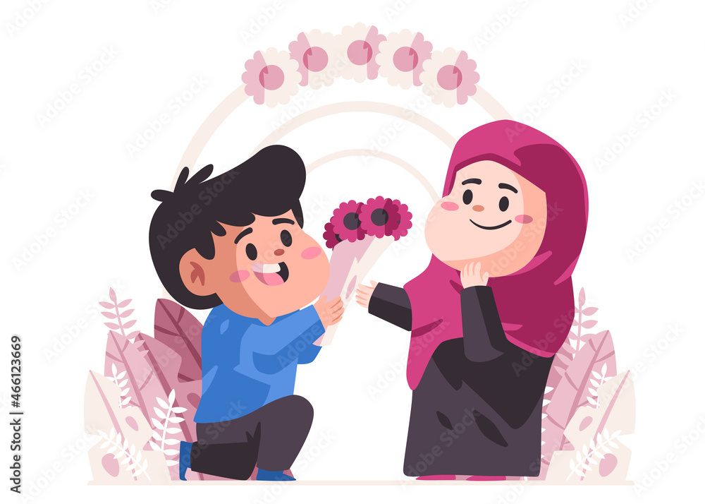 moslem man kneeling in propose by giving a bouquet of flower to purple hijab woman modern cartoon flat background vector illustration moslem man kneeling in propose by giving a bouquet of flower to purple hijab woman modern cartoon flat background vector illustration