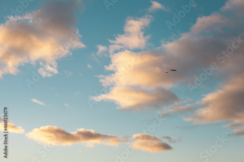 birds flying in blue sky with clouds at sunset