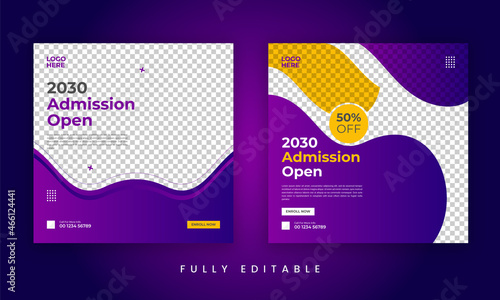 School education admission Instagram social media post and web banner template. Back to school social media post