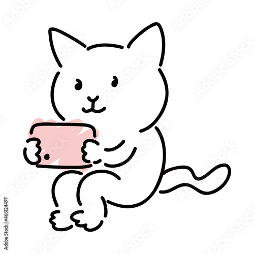 スマホを持って操作している可愛い白猫　全身