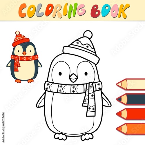 Coloring book or page for kids. Christmas penguin black and white vector illustration